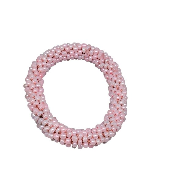 Natural Pink Opal Rondelle Bead Stretch Bracelet Size 7 Kumihimo Braiding - Picture 3 of 7